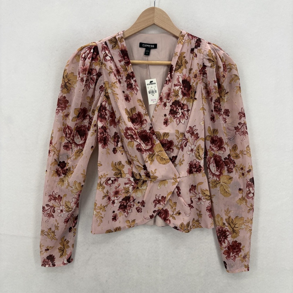 Express Pink Floral Faux Wrap Blouse